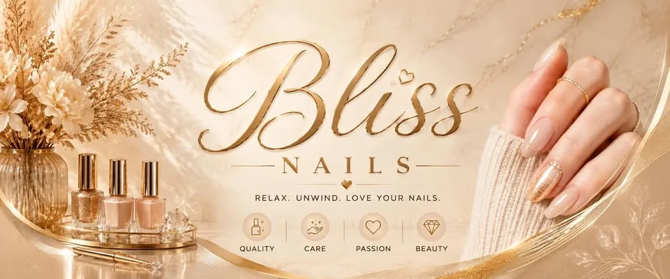 Bliss Nails cover with gold styling, a hand, and nail polish